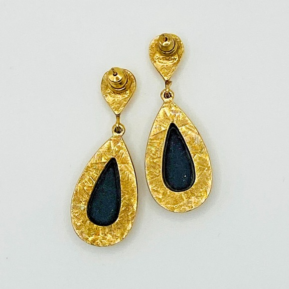 Givenchy Signed Teardrop Dangle Gold Tone Black Stone Pierced‎ Earrings 1 1/2" - Picture 3 of 5